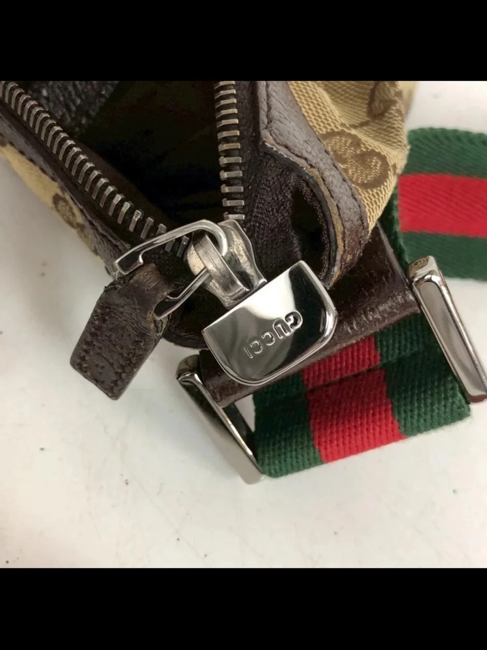 Gucci Beige/Brown Canvas Monogram Saddle Bag with Green/Red Web Strap